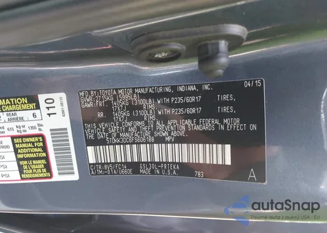 2015 Toyota Sienna Le 8 Passenger из США, поврежденный, VIN 5TDKK3DC6FS606188